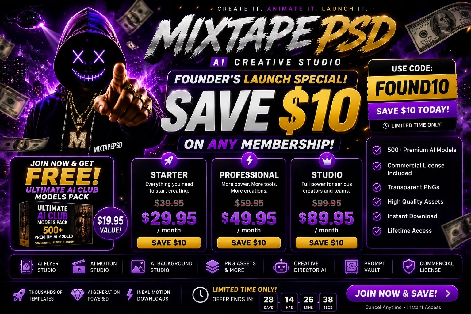 Founder's Launch Special promotional banner. Use code FOUND10.